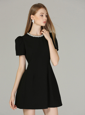 DONEED夏季优雅小香风轻奢重工钉珠圆领收腰显瘦小个子连衣裙