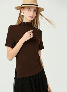 DONEED春夏款时尚休闲纯色百搭半高领短袖褶皱收腰上衣女