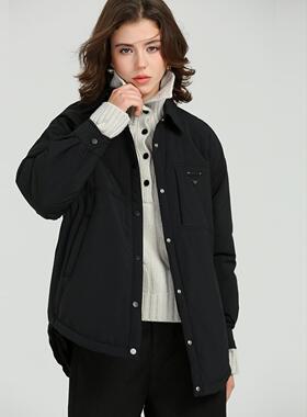 DONEED秋冬新款休闲简约衬衣领四合扣棉衣外套女