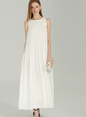 DONEED2026夏款优雅圆领无袖宽松显瘦纯色长款连衣裙女