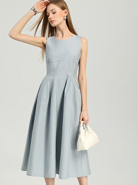 DONEED夏款休闲温婉圆领无袖A摆纯色显瘦简约长款连衣裙女