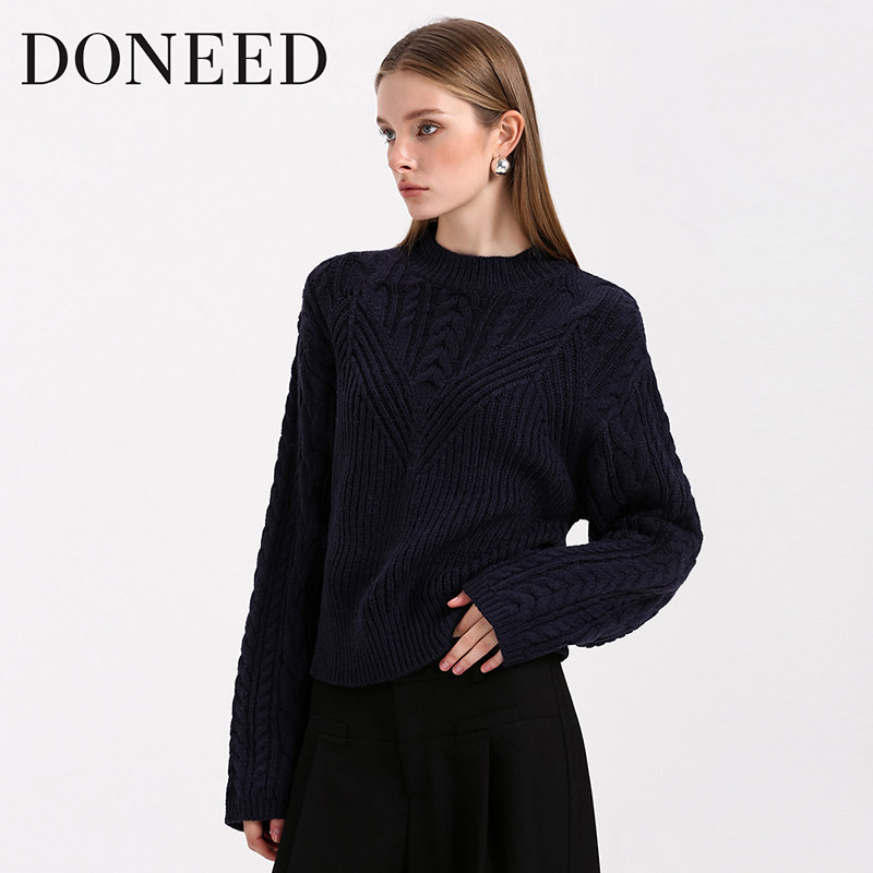 DONEED春时尚休闲圆领麻花针织肌理感慵懒显瘦上衣毛衣女