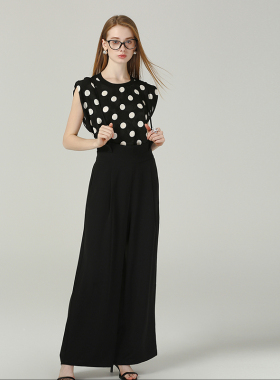 DONEED夏新款时尚通勤百搭波点印花上衣吊带阔腿裤两件套装女