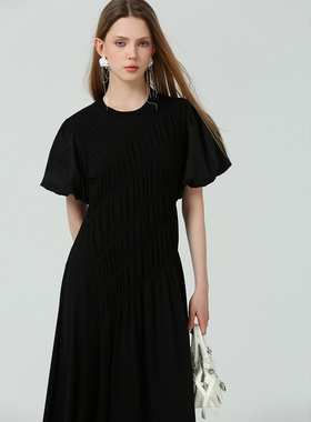 DONEED夏款法式优雅灯笼袖缩褶设计感修身显瘦黑色连衣裙女