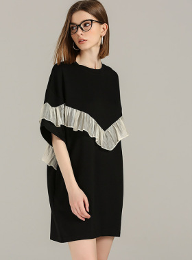 DONEED夏时尚洋气设计荷叶边显瘦拼接宽松小个子短袖连衣裙女