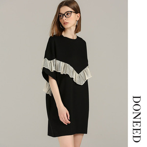 DONEED夏时尚洋气设计荷叶边显瘦拼接宽松小个子短袖连衣裙女