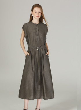 DONEED夏款新中式文艺风天丝提花圆领绑带缩褶收腰盖袖连衣裙女