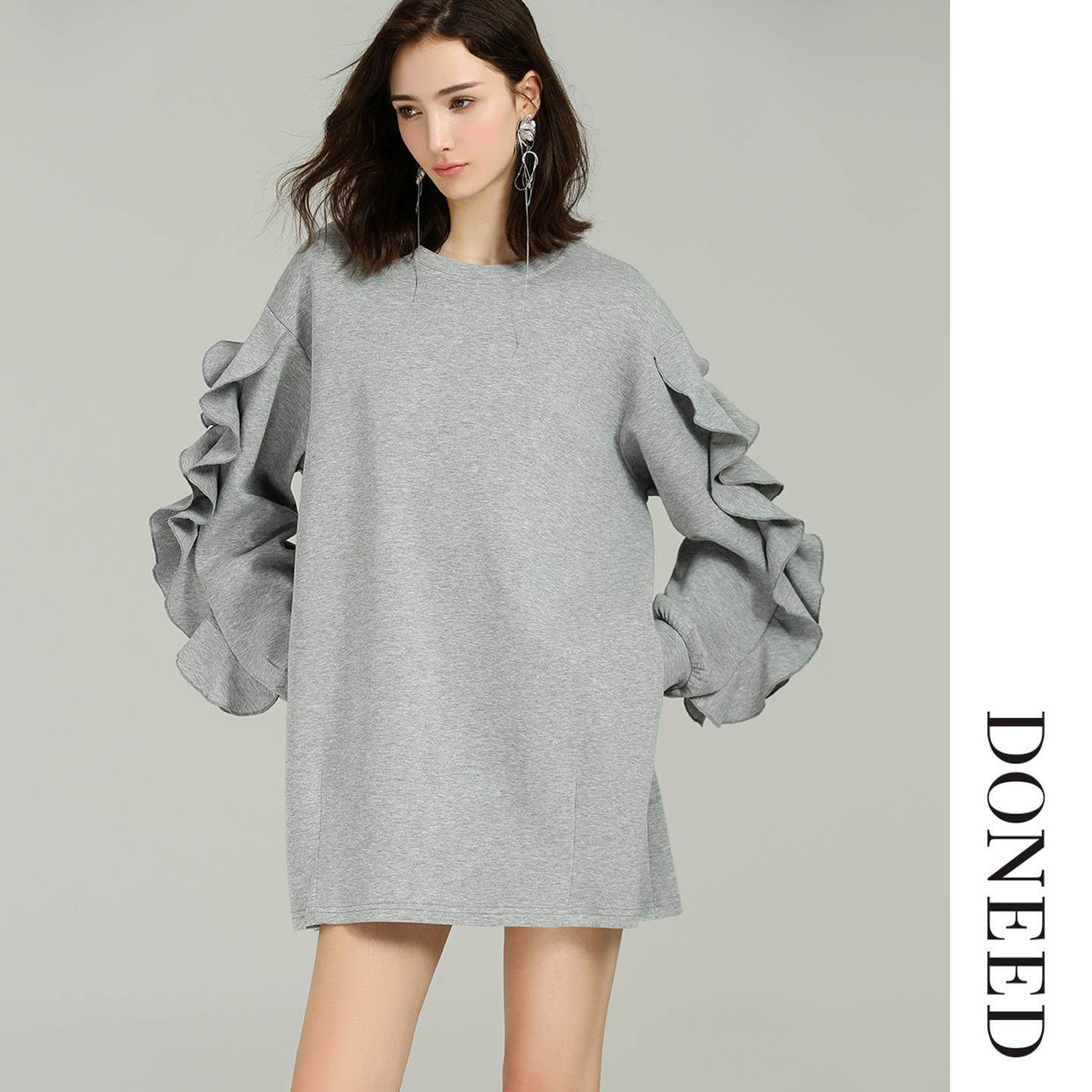 DONEED2026初春新款荷叶边袖经典圆领宽松时尚直筒卫衣连衣
