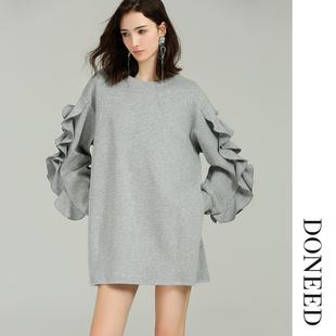 DONEED2026初春新款荷叶边袖经典圆领宽松时尚直筒卫衣连衣裙女