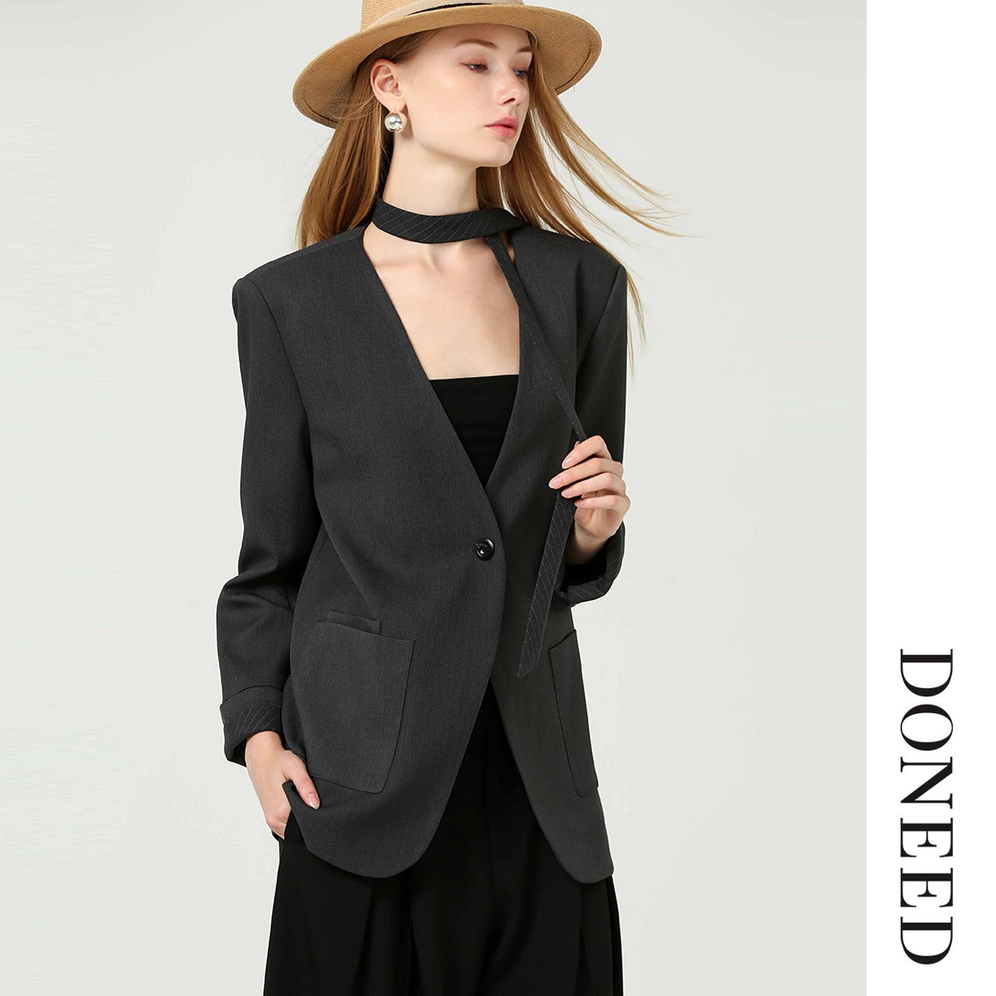 DONEED2025初秋时尚简约无领设计感气质西装外套女