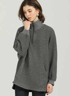 DONEED春款时尚休闲简约纯色立领插肩袖宽松针织加绒卫衣女