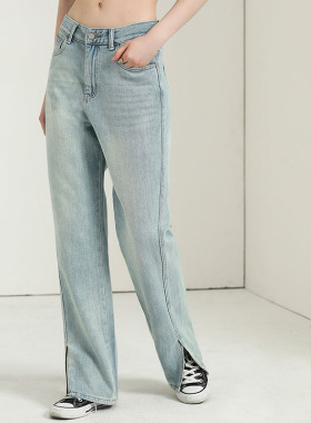 DONEED复古高腰显瘦阔腿牛仔裤夏休闲百搭开叉设计感直筒长裤