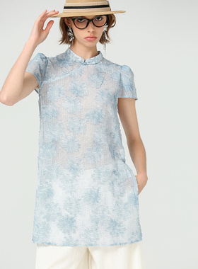 DONEED夏款时尚新中式立领剪花提花复古盖袖上衣女