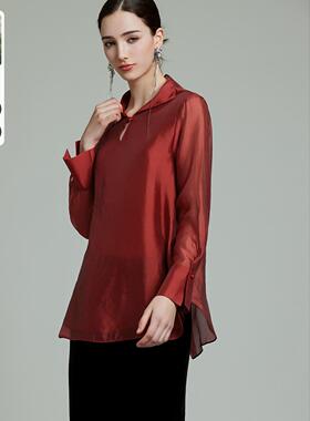 DONEED春夏新款高端人丝衬衣双层雾感中式穿搭翻领长袖衬衫上衣女