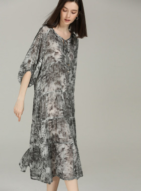 DONEED夏款文艺度假风宽松飘逸扎染印花短袖法式气质长款连衣裙女