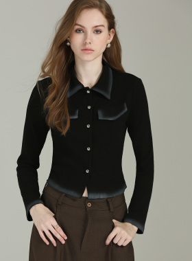 DONEED春新款时尚通勤翻领重工喷色染边工艺袖针织上衣外套女