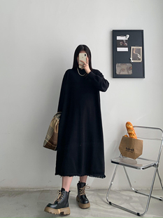 流苏针织连衣裙女秋冬新款大码半高领长款毛衣裙宽松显瘦打底长裙