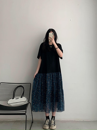 大码胖mm女装2026夏季新款遮肚显瘦拼接大摆碎花裙假两件连衣裙潮