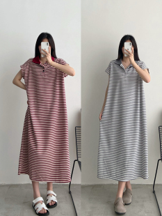 韩系慵懒风宽松休闲长裙 新款 条纹polo领直筒短袖 连衣裙女2025夏季