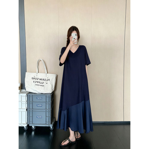 V领大码宽松遮肉短袖连衣裙女夏季新款拼接鱼尾裙时尚休闲长裙子