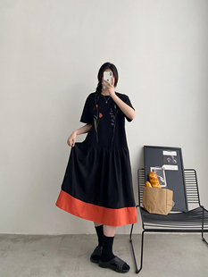 高级感宽松撞色压褶裙摆短袖 大码 新款 胖mm连衣裙2026夏季 长裙 女装