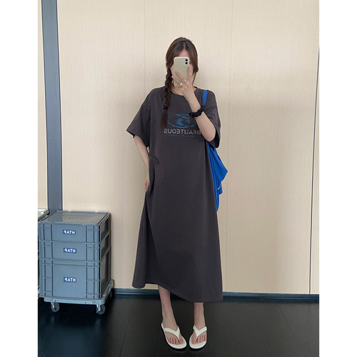 做旧字母印花短袖长款T恤裙女夏新款大码宽松显瘦遮肉休闲连衣裙