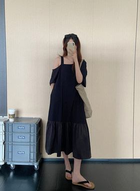 夏季新款设计感露肩短袖连衣裙女2026宽松显瘦遮肉休闲鱼尾长裙子