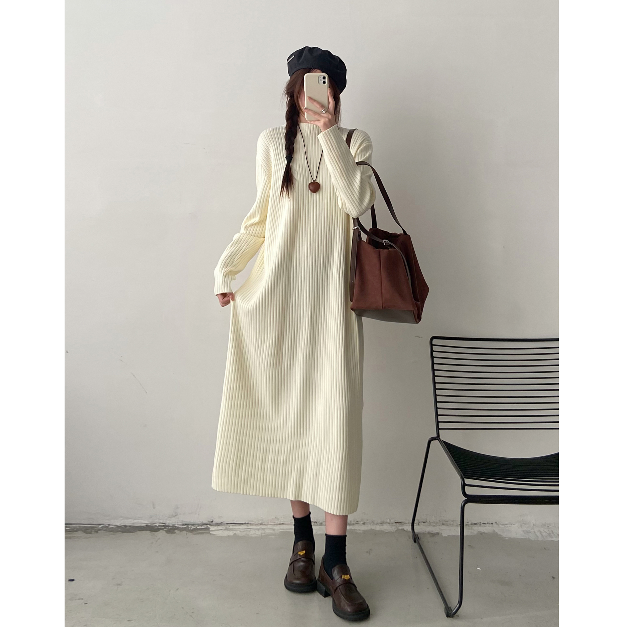 秋冬半高领针织中长款女胖mm大码宽松显瘦内搭打底连衣裙休闲长裙