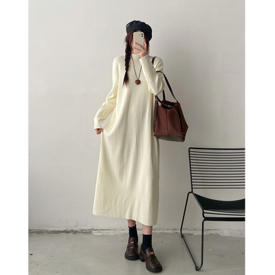 秋冬半高领针织中长款女胖mm大码宽松显瘦内搭打底连衣裙休闲长裙