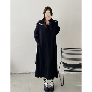 宽松慵懒直筒毛衣连衣裙 宽松针织长裙女海军领简约大码 秋冬季 长款