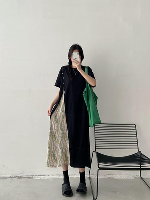 拼接民族风短袖T恤长裙女2026夏装新款宽松大码休闲假两件连衣裙