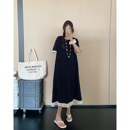 夏季法式高级感短袖连衣裙女宽松显瘦遮肉洋气设计拼接过膝长裙子