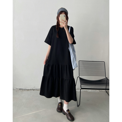 黑色拼接短袖连衣裙女2026夏季新款胖mm宽松显瘦过膝休闲鱼尾长裙