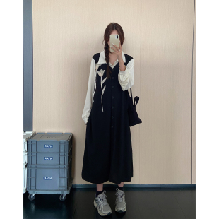 大码立体花朵长袖连衣裙女2026秋冬季新款衬衫拼接假两件黑色长裙