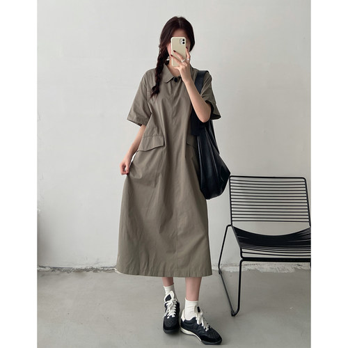 夏季新款大码连衣裙女胖mm宽松显瘦polo领工装风大口袋短袖长裙子