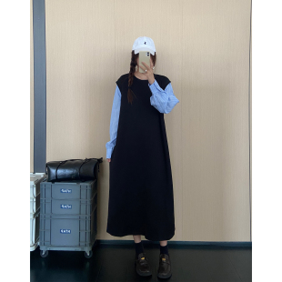 设计师假两件衬衫 宽松拼接显瘦遮肚孕妇可穿长裙 连衣裙女早秋新款