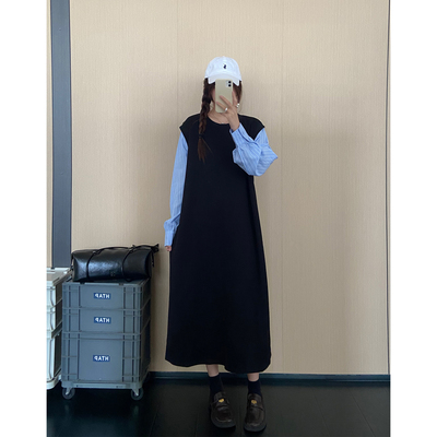 设计师假两件衬衫连衣裙女早秋新款宽松拼接显瘦遮肚孕妇可穿长裙