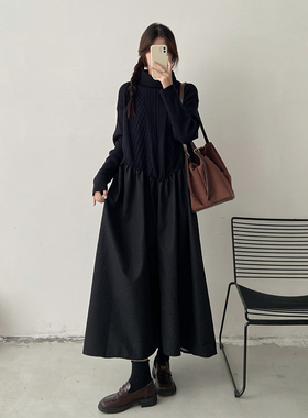 黑色宽松大码女装胖mm拼接高腰针织连衣裙秋冬新款荷叶边打底长裙