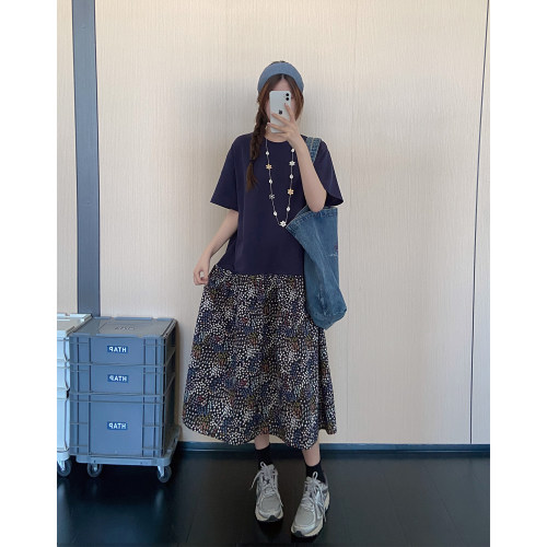 设计感小众拼接短袖T恤长裙女夏装新款大码宽松显瘦休闲连衣裙子