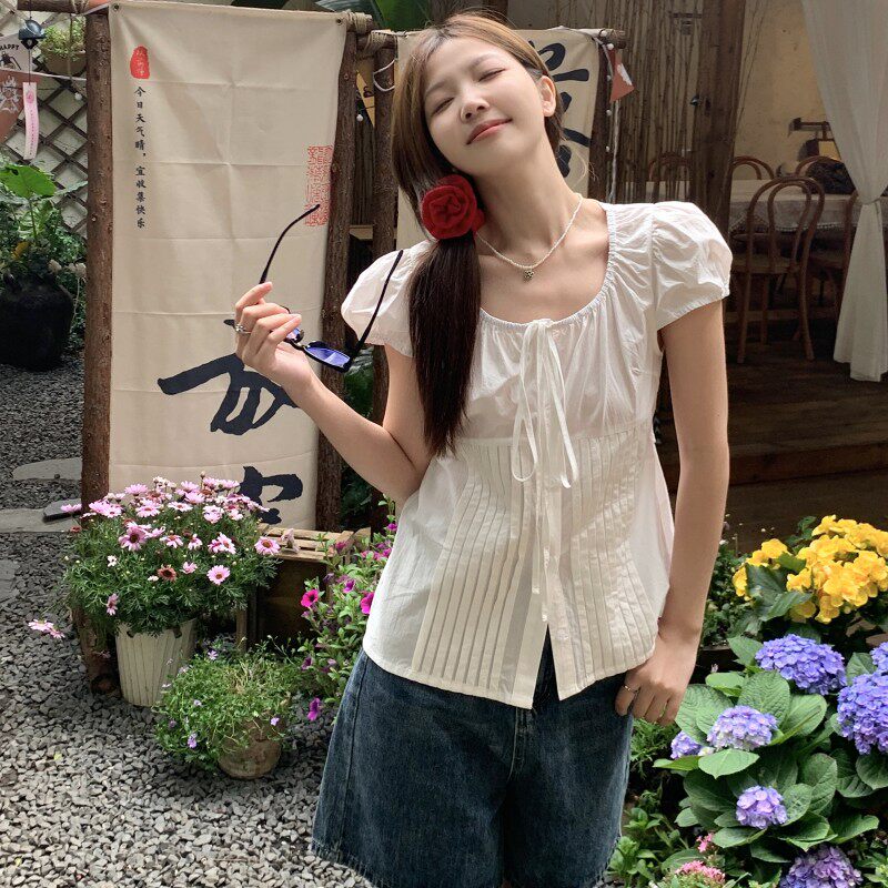 压褶系带圆领白色泡泡袖衬衫女薄款单排扣显瘦小个子短款上衣
