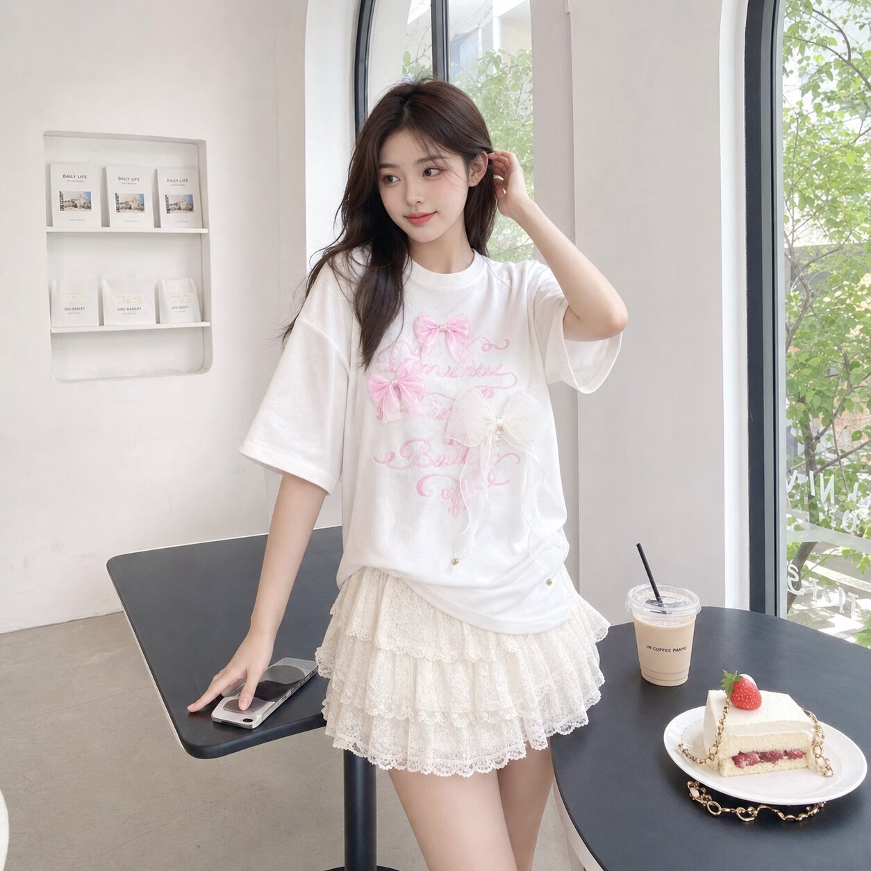 夏季甜美纯棉蝴蝶结短袖T恤女