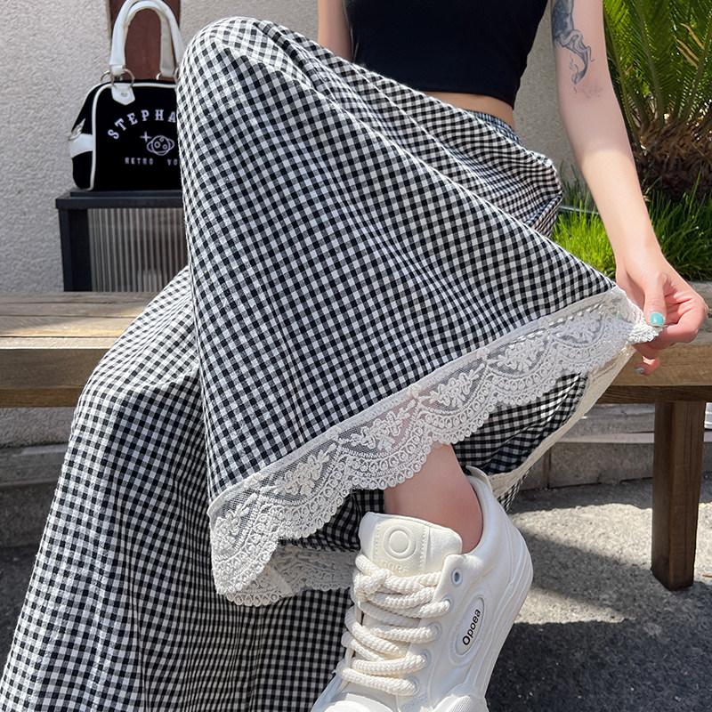 日系蕾丝花边格子阔腿裤女2026夏季新款裙裤宽松垂感显瘦休闲长裤