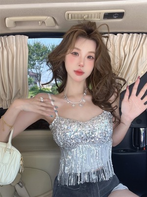 2024年夏季纯欲风抹胸型露背拼接亮片超修身辣妹性感流苏背心吊带