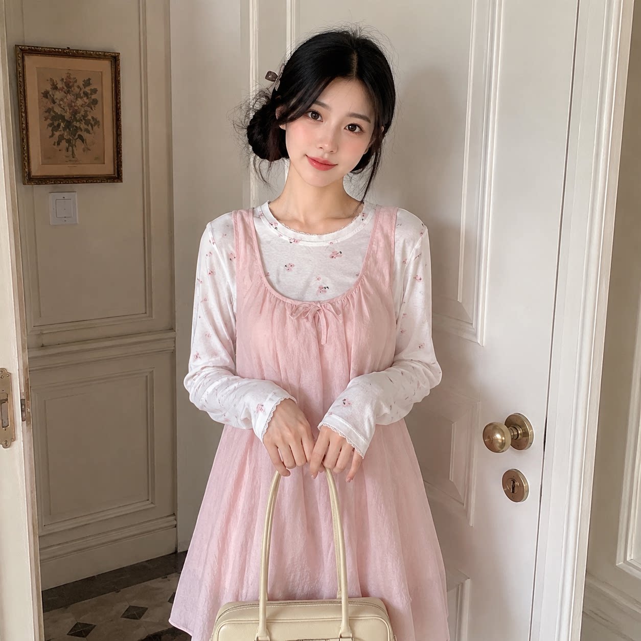 春夏温柔碎花长袖叠穿两件套