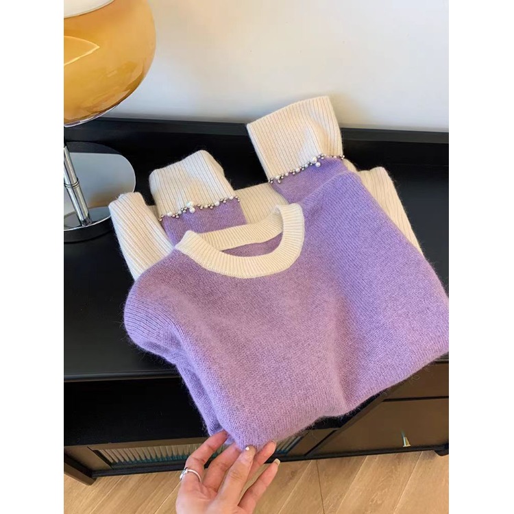 紫色毛衣女2025秋冬钉珠感超