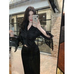 御姐高级感套装蕾丝拼接长袖衬衫女夏季开叉包臀半身裙黑色两件套