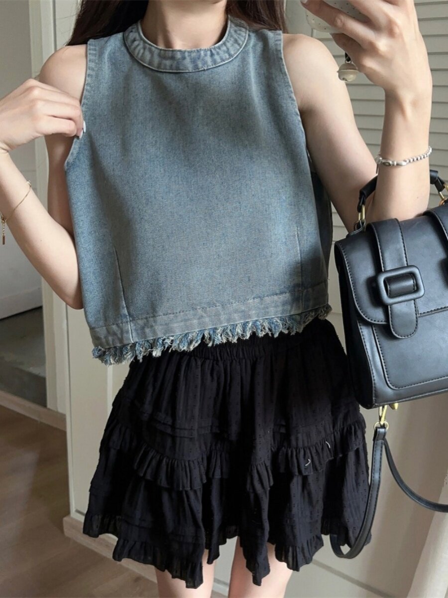 불규칙한 로우 엣지 디자인 여성용 하이웨이스트 숏 데님 조끼 새로운 여름 한국 스타일 루즈 패션 탑 트렌디