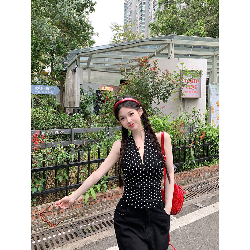 美式辣妹黑色波点V领吊带背心女夏季修身显瘦短款挂脖式无袖上衣