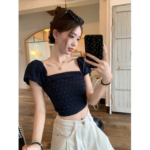 法式气质方领短袖T恤女夏季设计感提花修身短款露脐上衣