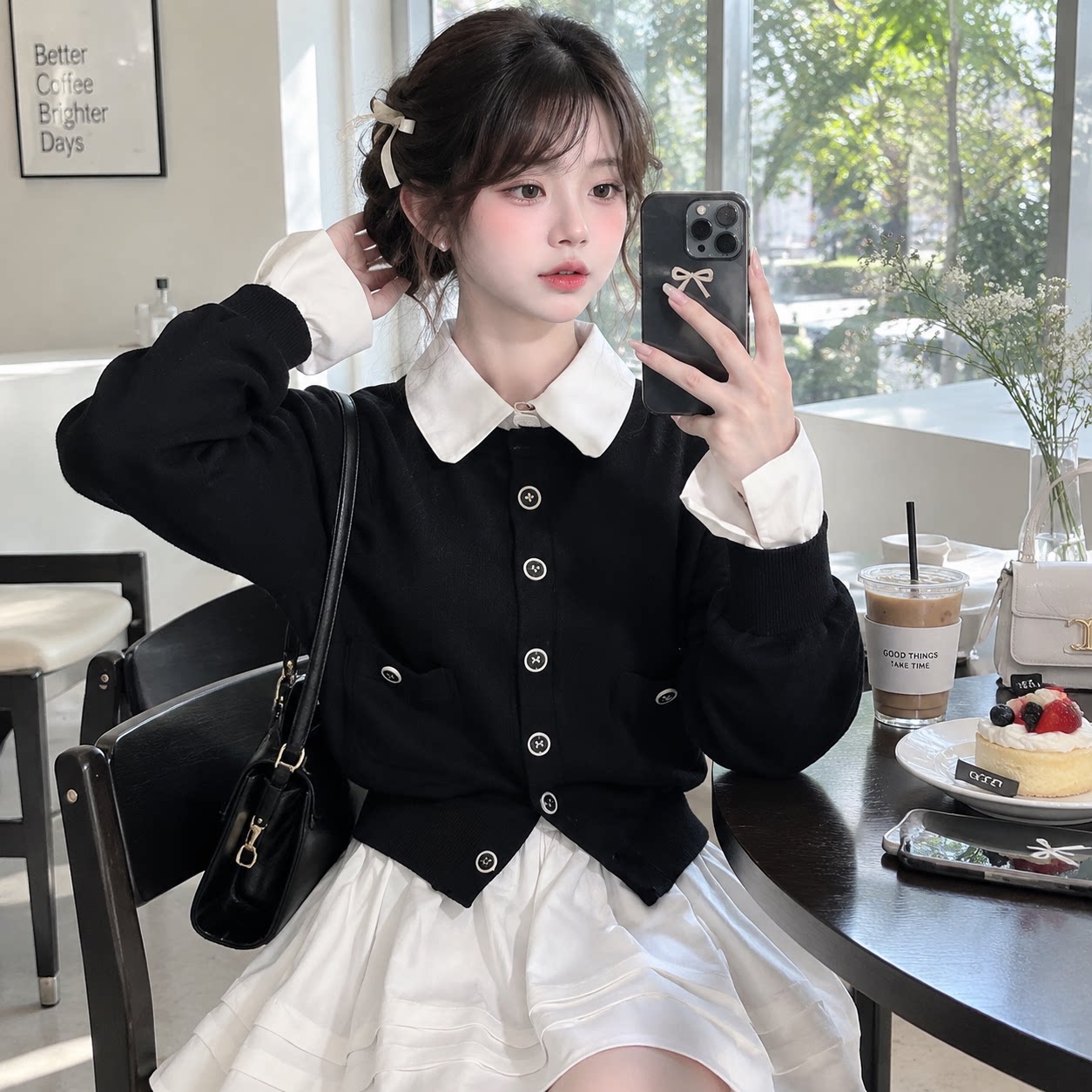 早秋撞色假两件开衫百褶裙两件套